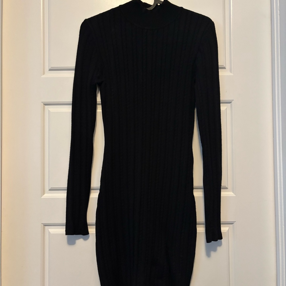 Sunday Best Black Ribbed Long-Sleeve Mock Neck Dress